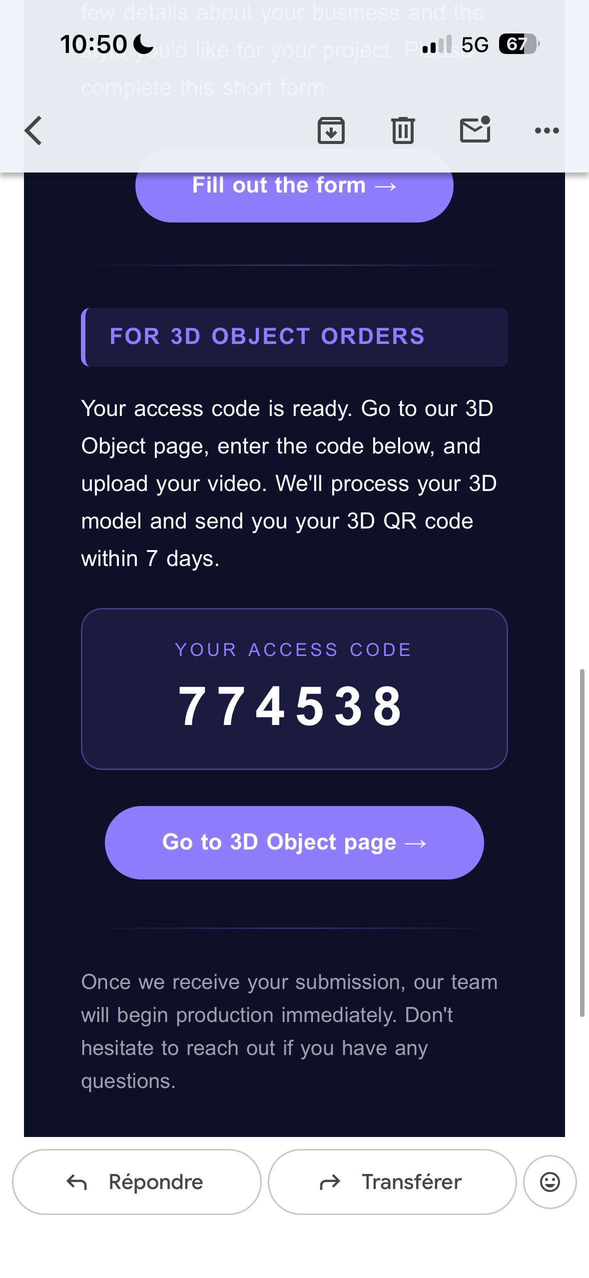 Email with access code