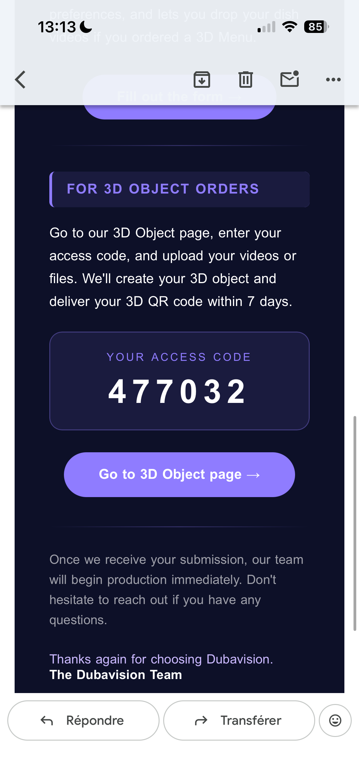 Email with access code