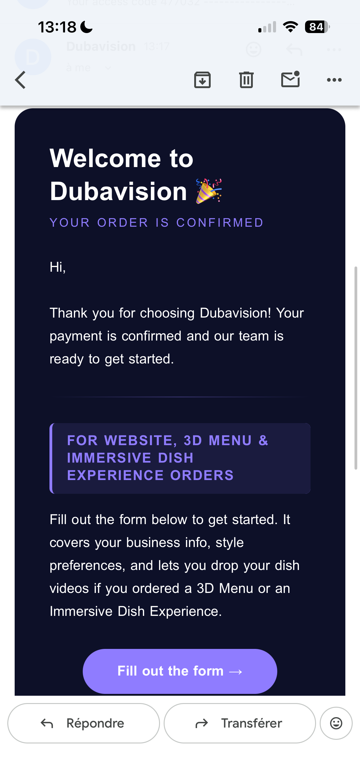 Example of the email you receive with the form link
